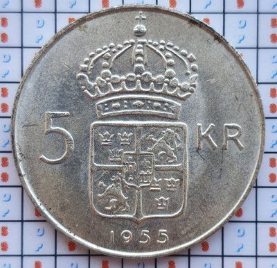 Suedia 5 kronor 1955 argint - Gustaf VI Adolf - km 829 - D58803 foto