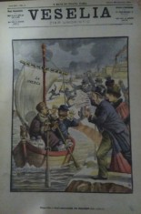 Ziarul Veselia : DISPARI?IA A DOI COMERCIAN?I DIN BUCURE?TI - gravura, 1905 foto