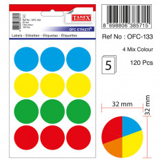 Etichete Autoadezive Color Mix, D32 Mm, 60 Buc/set, Tanex - Culori Asortate
