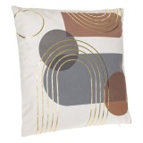 Cumpara ieftin Pernă Decorativă Ecru 43x43cm &ndash; Model Abstract Maro și Dungi Aurii, Husă cu Fermoar