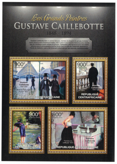 AFRICA CENTRALA 2013 - Picturi, Caillebotte /set complet - colita+bloc MNH