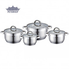 Set 4 oale din inox cu capace din sticla Carlos Peterhof, fund 7 straturi, 2.1L, 2.9L, 3.9L, 6.5 L, 8 piese foto