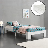 [en.casa]&reg; Pat rama lemn Raisio 90W, 90 x 200 cm, lemn de brad/PAL,100 Kg, alb mat, pentru 1 persoana, cu saltea si gratar pat HausGarden Leisure