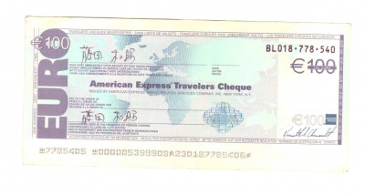 Cec de calatorie 100 euro American Express Travelers Cheque, stare buna foto