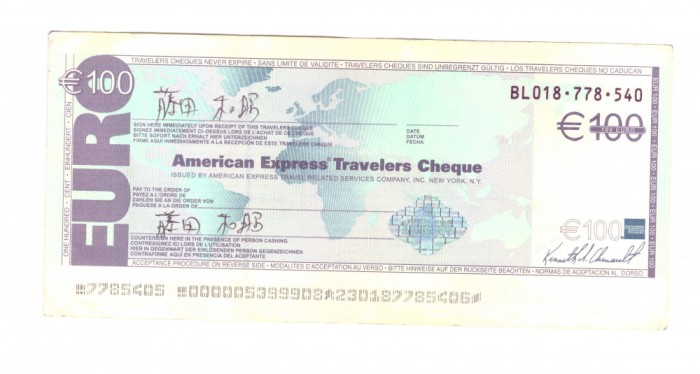 Cec de calatorie 100 euro American Express Travelers Cheque, stare buna
