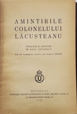 AMINTIRILE COLONELULUI LACUSTEANU de RADU CRETZESCU ,BUCURESTI 1935 foto