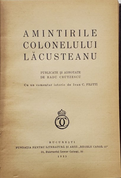 AMINTIRILE COLONELULUI LACUSTEANU de RADU CRETZESCU ,BUCURESTI 1935
