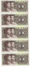 China lot 5 bcn x 1 jiao 1980, UNC, serii consecutive