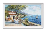 Cumpara ieftin Tablou Grecia peisaj mediteranean pictat manual inramat, Zi insorita pe terasa, 110x70cm ulei pe panza, rama din lemn, Stefan Bilibou