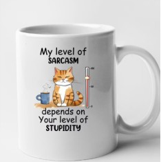 Cana alba personalizata Pisica my level of sarcasm depends, INOVATIX&reg;. 330 ml