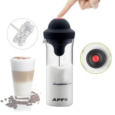 Spumator Electric de Lapte si Cafea APF&reg; &ndash; Mixer Portabil, 450ml, Pahar din Sticla Borosilicata, Alimentare pe Baterii