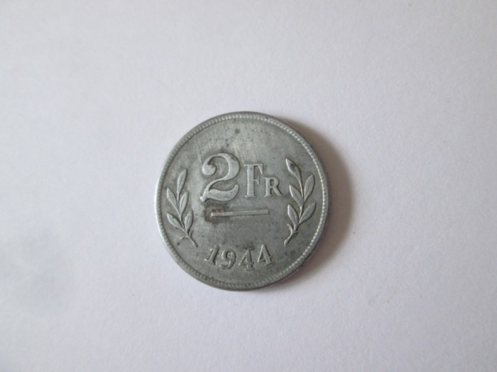 Belgia 2 Francs 1944 Ocupatia Aliata moneda din otel placat cu zinc