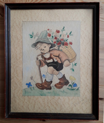 &amp;bdquo;Copilul cu coş de flori &amp;icirc;n spate&amp;rdquo;, acuarelă semnată anul 1941 foto