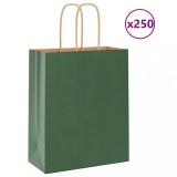 vidaXL Pungi H&acirc;rtie Verde cu M&acirc;nere, 18x8x22 cm, 250 Buc, Kraft 100g/mp, Max 10kg