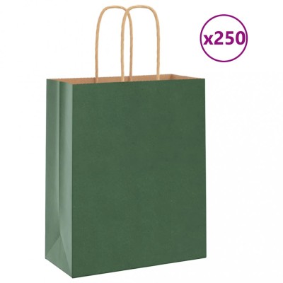 vidaXL Pungi de h&amp;acirc;rtie 250 buc cu m&amp;acirc;nere verde 18x8x22 cm foto