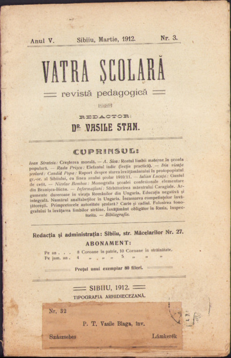 HST C1930 Revista pedagogică Vatra Școlară 3/1912 Sibiu