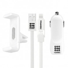 Set Incarcator Auto + Cablu Date iPhone Lightning / MicroUSB + Suport Auto Air Vent Haweel