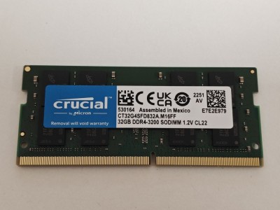 Memorie ram Laptop Crucial 32GB, DDR4, 2Rx8, PC4-3200AA, 3200Mhz, CT32G4SFD832A, PC4-25600, CL22, Non-ECC, sodimm, 260 pini foto