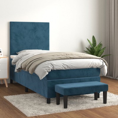 vidaXL Pat box spring cu saltea, albastru &amp;icirc;nchis, 90x200 cm, catifea 3137705 foto