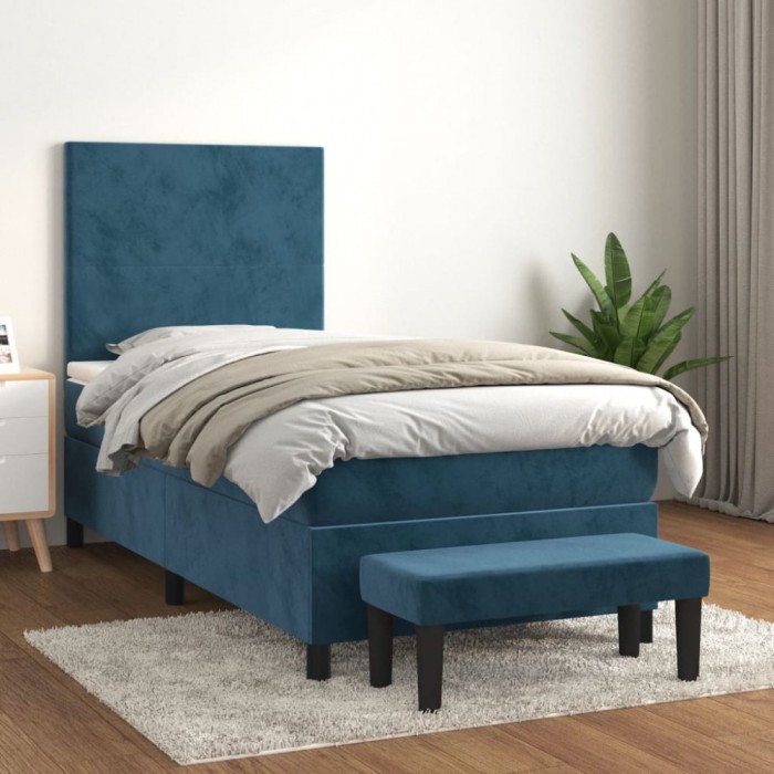 vidaXL Pat box spring cu saltea, albastru &icirc;nchis, 90x200 cm, catifea 3137705