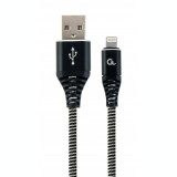Cumpara ieftin CABLU alimentare si date GEMBIRD pt. smartphone USB 2.0 (T) la Lightning (T) 1m premium cablu cu impletire din bumbac negru cu insertii albe &amp;quot;CC-