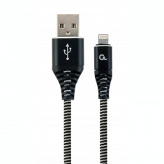 CABLU alimentare si date GEMBIRD pt. smartphone USB 2.0 (T) la Lightning (T) 1m premium cablu cu impletire din bumbac negru cu insertii albe &quot;CC-