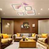 Lustra LED TERRANO cu Cristale, 4 Patrate, RGB, cu Telecomanda, 162W, Alb si Inox