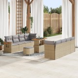 Set de Canapea vidaXL cu 11 Piese și Perne Bej din Ratan Poliesteric Acacia, Set de Cină pentru Grădină vidaXL cu 3 Piese și Perne Bej din Ratan Polie
