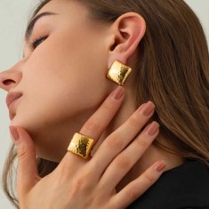 Set Cercei Și Inel Femei, Placat Aur 14K, Model Vintage Modern, Accesorii