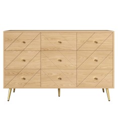 Comodă cu 9 sertare, cu mult spațiu de depozitare, modele geometrice, 120x39x80 cm, Culoare naturală