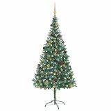 Brad Crăciun artificial pre-iluminat globuri/conuri pin, 210 cm