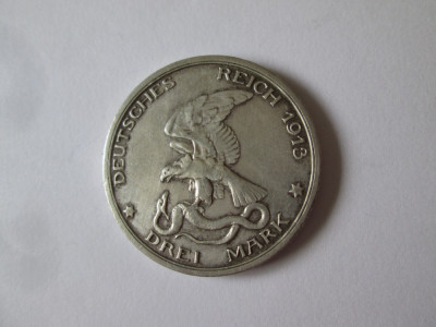 Rara! Prusia 3 Mark 1913 aUNC argint,victoria impotriva lui Napoleon,patina deosebita foto