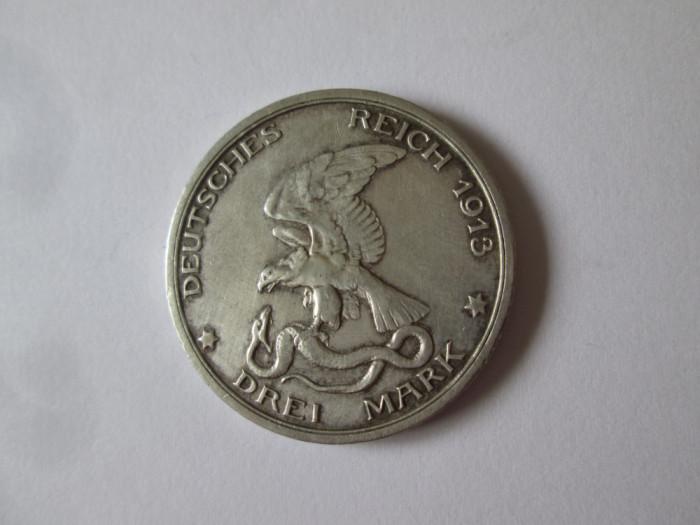 Rara! Prusia 3 Mark 1913 aUNC argint,victoria impotriva lui Napoleon,patina deosebita