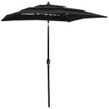 VidaXL Umbrelă de soare 3 niveluri, st&acirc;lp de aluminiu, negru, 2x2 m
