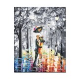 Tablou pictat manual dormitor, living, hol, Noi doi si o umbrela, stilizat, 50x40cm ulei pe panza in cutit efect 3D, gata de agatat pe perete