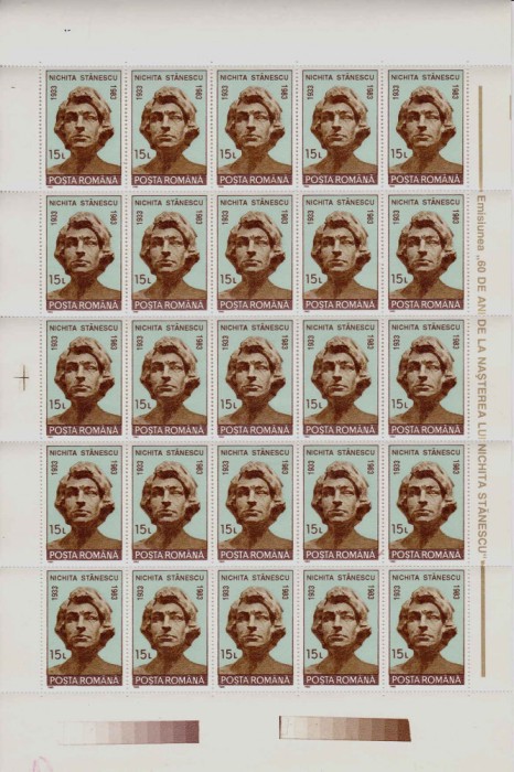 RO 1993 LP 1311 &quot;60 de ani nasterea Nichita Stanescu&quot;, serie coala de 25 ,MNH