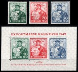 Germania Bizone (USA + GB) 1949, Mi #103-105 + Bl 1, serie + colita, Expozitia Hanovra, arta, pictura, Holbein, MNH, cota 154 &euro;!