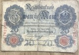 BNKSTR03DE Bancnotă Veche Germania 20 Mark 1907 (Reichsbanknote), Perioada Imperială, Vulturul German, Colecție / Numismatică