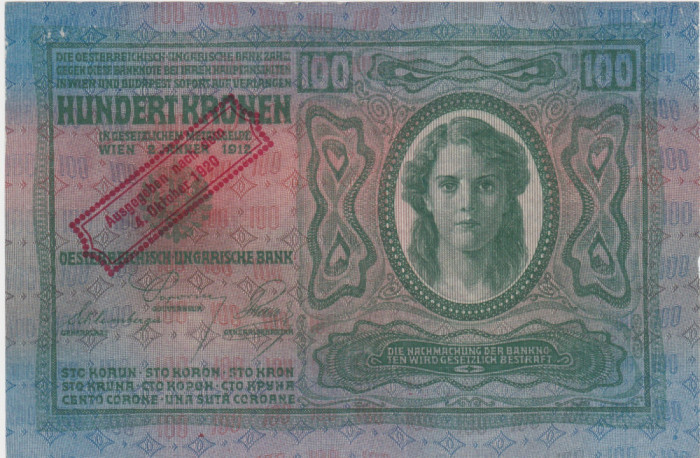 AUSTRIA UNGARIA 100 KRONEN 1912 SUPRATIPAR Ausgegeben nach dem 4.Oktober 1920 VF