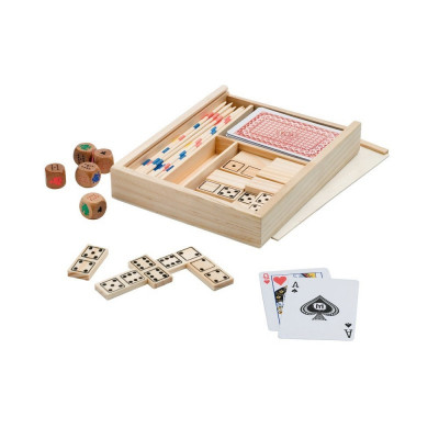 Set de jocuri de familie 4 in 1, incutie din lemn, domino, mikado, carii si zaruri foto