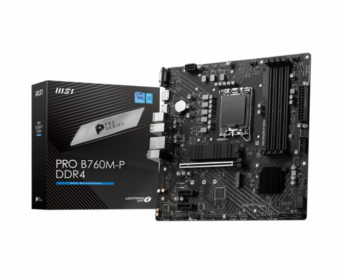 MSI PRO B760M-P DDR4, mATX, Socket 1700, DDR4 4800(OC)MHz, 1x PCIe x16 slots, 2xM.2 slots, 1xHDMI, 1xDP, 1xVGA, 1xUSB 3.2 Gen 2-C, 1x USB 3.2 Gen 1, 4