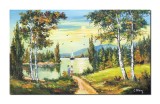 Tablou peisaj apus de soare cu indragostiti pictat manual, Amintiri, 100x60cm ulei pe panza Constantin Feraru
