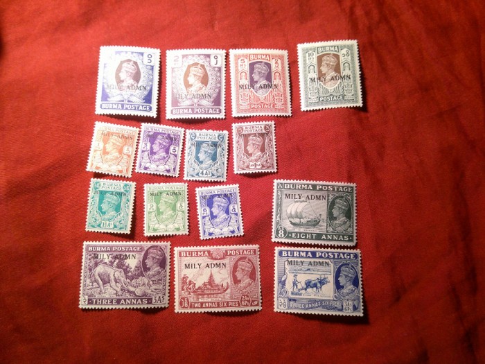 Serie mica Burma 1945 supratipar Military admn 15 val. (din 16 val)