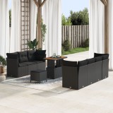 Set de canapea de gradina Gossi 10 piese cu perne negru poliratan acacia, set de dining de gradina Gossi 3 piese cu perne negru poliratan acacia