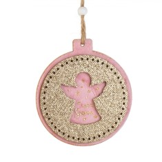 Ornament Brad Crăciun, Model &Icirc;ngeraș, Lemn, Roz, Glitter Bej, 10cm