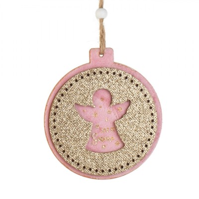 Ornament Brad Crăciun, Model &amp;Icirc;ngeraș, Lemn, Roz, Glitter Bej, 10cm foto