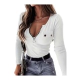 Tricou cu m&acirc;neci lungi și dungi pentru femei, cu fermoar &icirc;n față, ajustat și elastic, pulover &ndash; Alb S