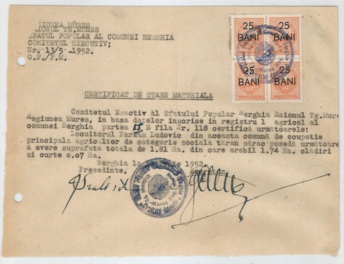 Romania, Sfatul Popular al Comunei, Certificat de stare materiala, Berghia, 1952