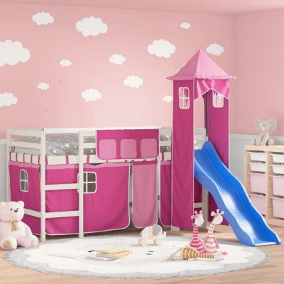 vidaXL Pat etajat de copii cu turn, roz, 90x200 cm, lemn masiv pin foto