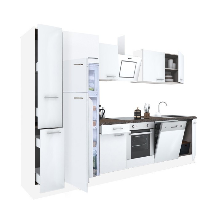 Mobilă de bucătărie Yorki 310, corp alb, față alb satinat, element cuptor inferior, frigider congelator superior